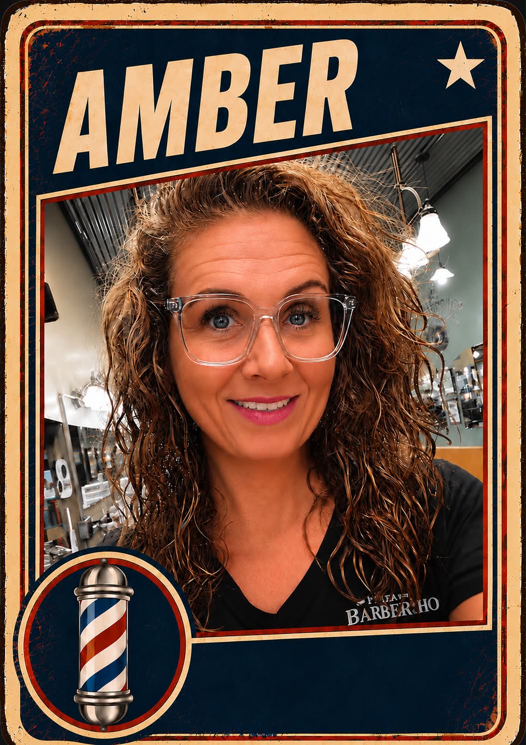 Amber, a barber at Plaza Barber Shop, pictured on a vintage trading card with a barber pole emblem