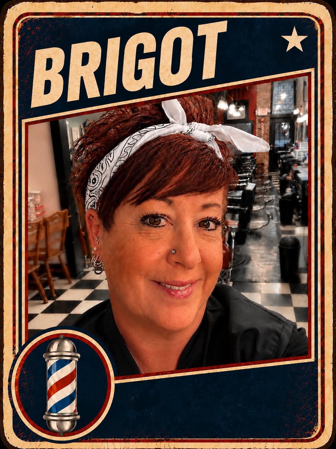 Brigot, a barber at Plaza Barber Shop, pictured on a vintage trading card with a barber pole emblem