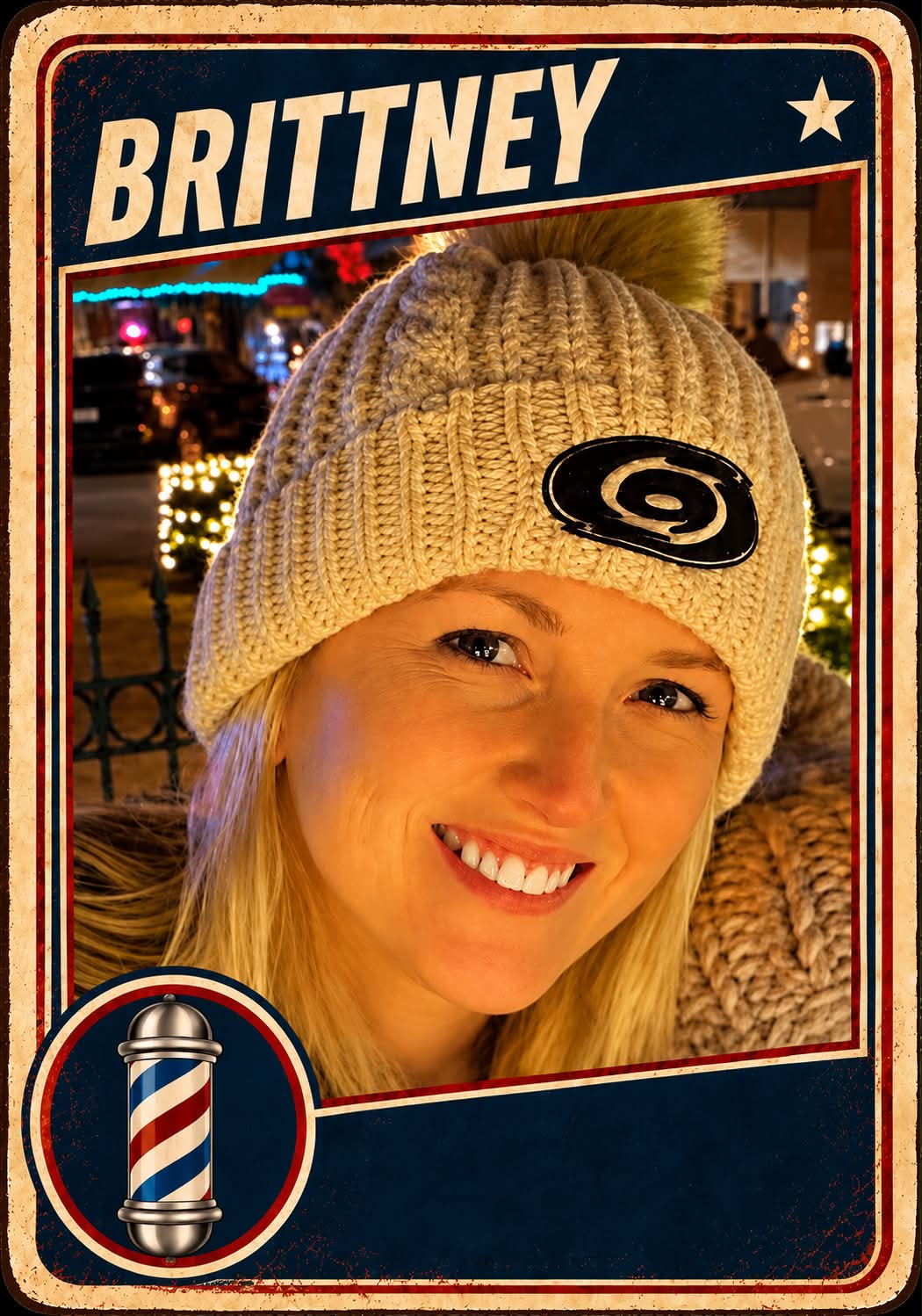 Brittney, a barber at Plaza Barber Shop, pictured on a vintage trading card with a barber pole emblem