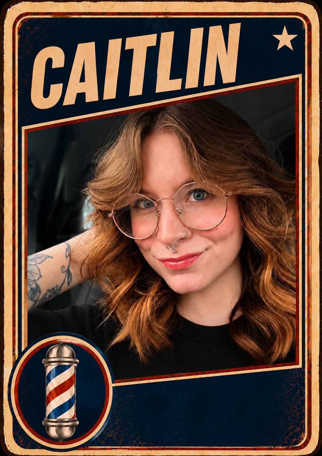 Caitlin, a barber at Plaza Barber Shop, pictured on a vintage trading card with a barber pole emblem