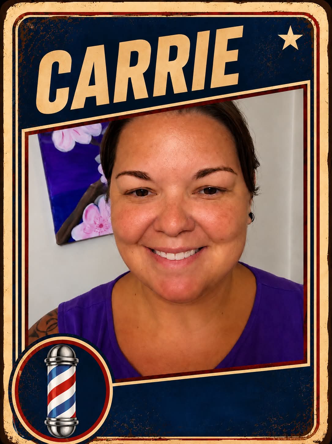 Carrie, a barber at Plaza Barber Shop, pictured on a vintage trading card with a barber pole emblem