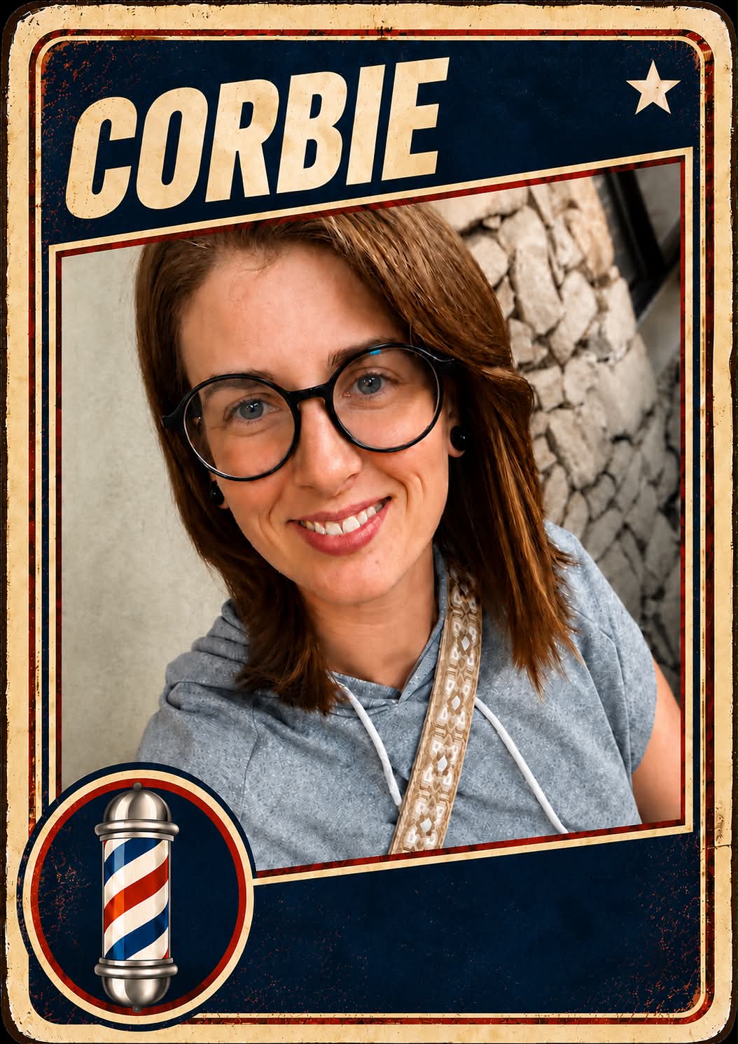 Corbie, a barber at Plaza Barber Shop, pictured on a vintage trading card with a barber pole emblem