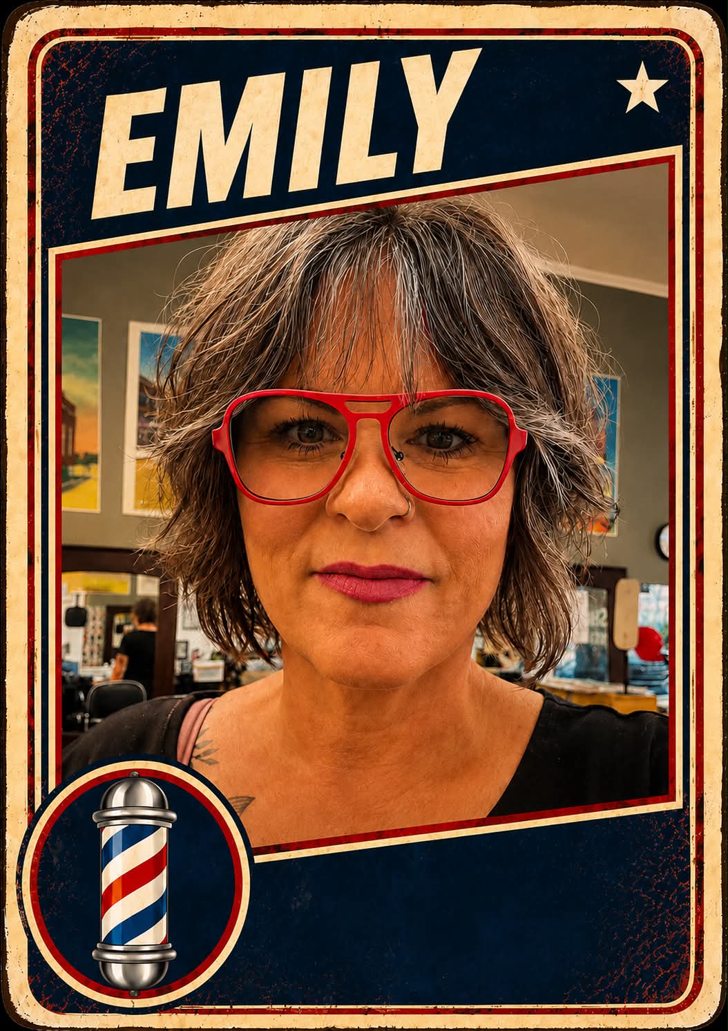 Emily, a barber at Plaza Barber Shop, pictured on a vintage trading card with a barber pole emblem