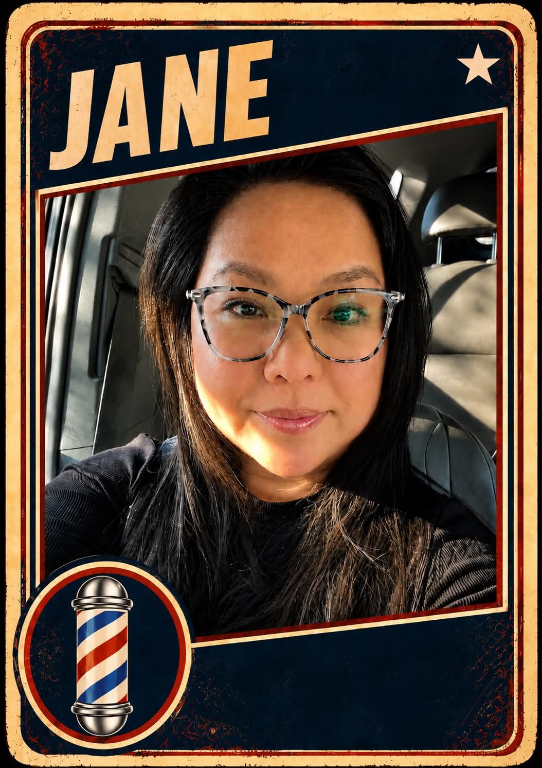 Jane, a barber at Plaza Barber Shop, pictured on a vintage trading card with a barber pole emblem