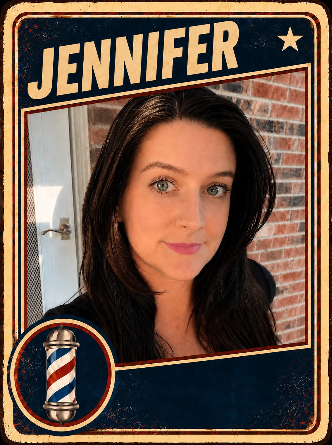 Jennifer, a barber at Plaza Barber Shop, pictured on a vintage trading card with a barber pole emblem