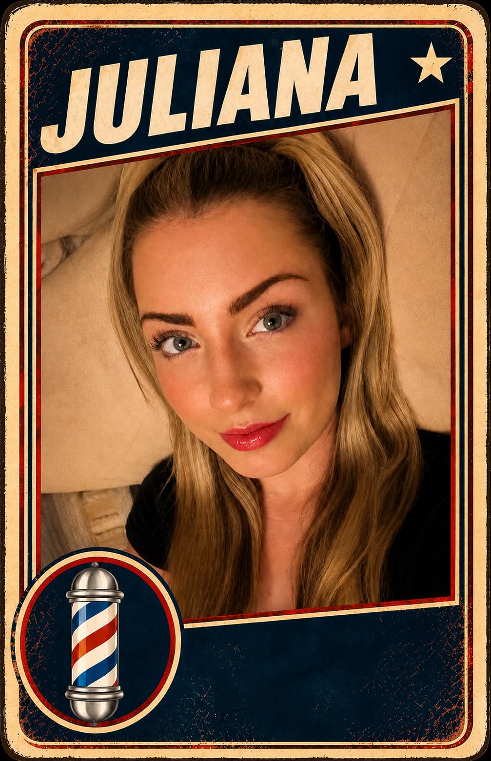 Juliana, a barber at Plaza Barber Shop, pictured on a vintage trading card with a barber pole emblem
