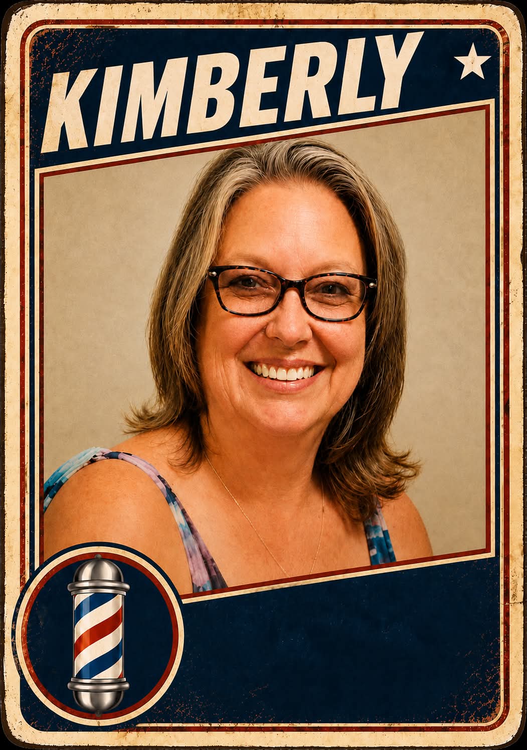 Kimberly, a barber at Plaza Barber Shop, pictured on a vintage trading card with a barber pole emblem