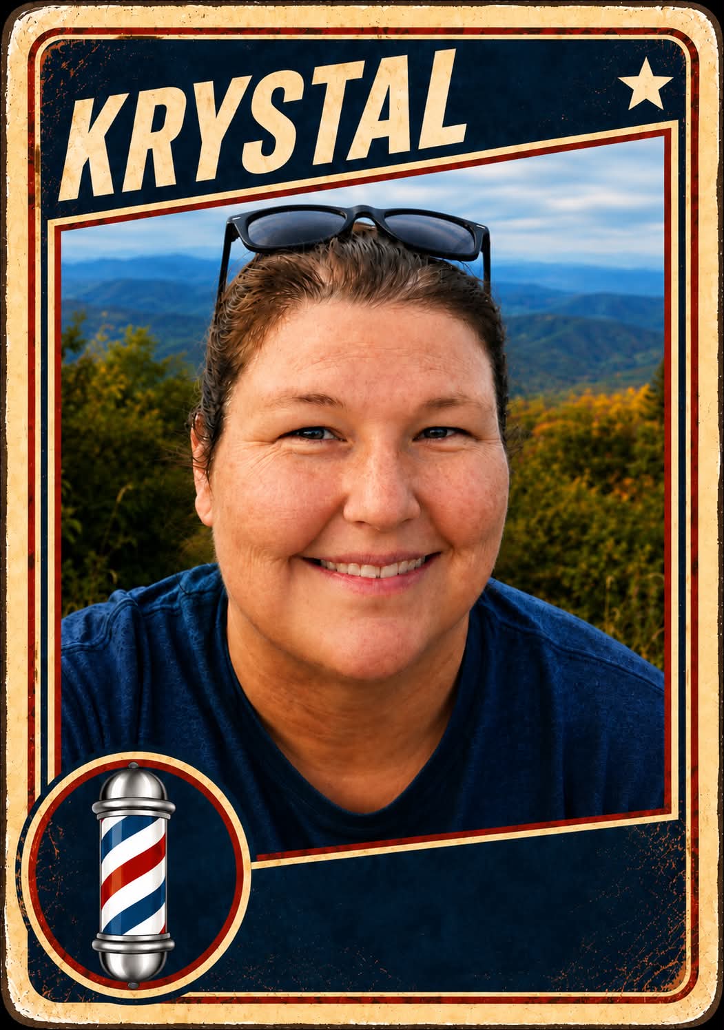 Krystal, a barber at Plaza Barber Shop, pictured on a vintage trading card with a barber pole emblem