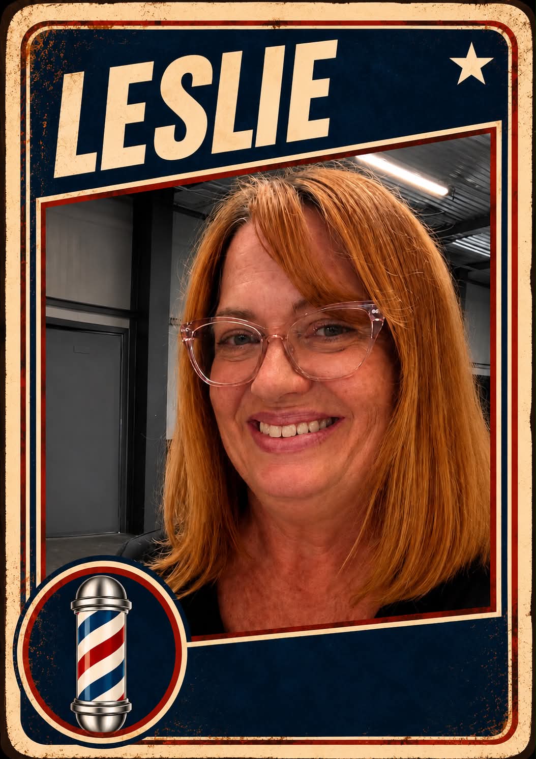 Leslie, a barber at Plaza Barber Shop, pictured on a vintage trading card with a barber pole emblem