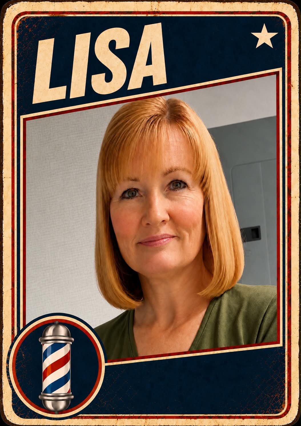 Lisa, a barber at Plaza Barber Shop, pictured on a vintage trading card with a barber pole emblem