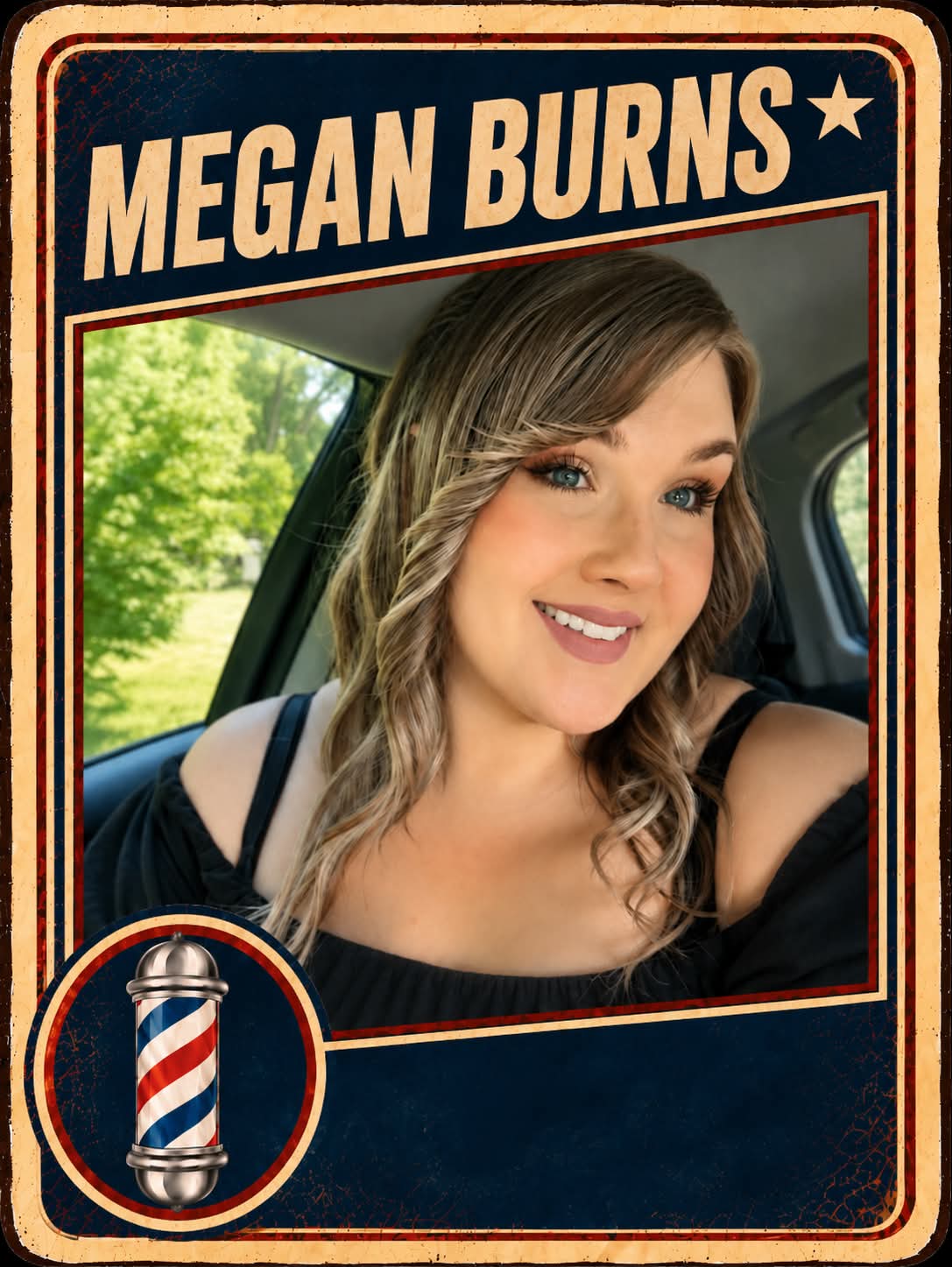 Megan Burns, a barber at Plaza Barber Shop, pictured on a vintage trading card with a barber pole emblem
