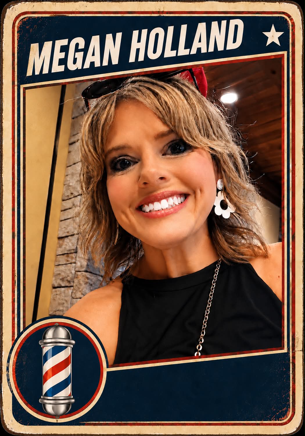 Megan Holland, a barber at Plaza Barber Shop, pictured on a vintage trading card with a barber pole emblem