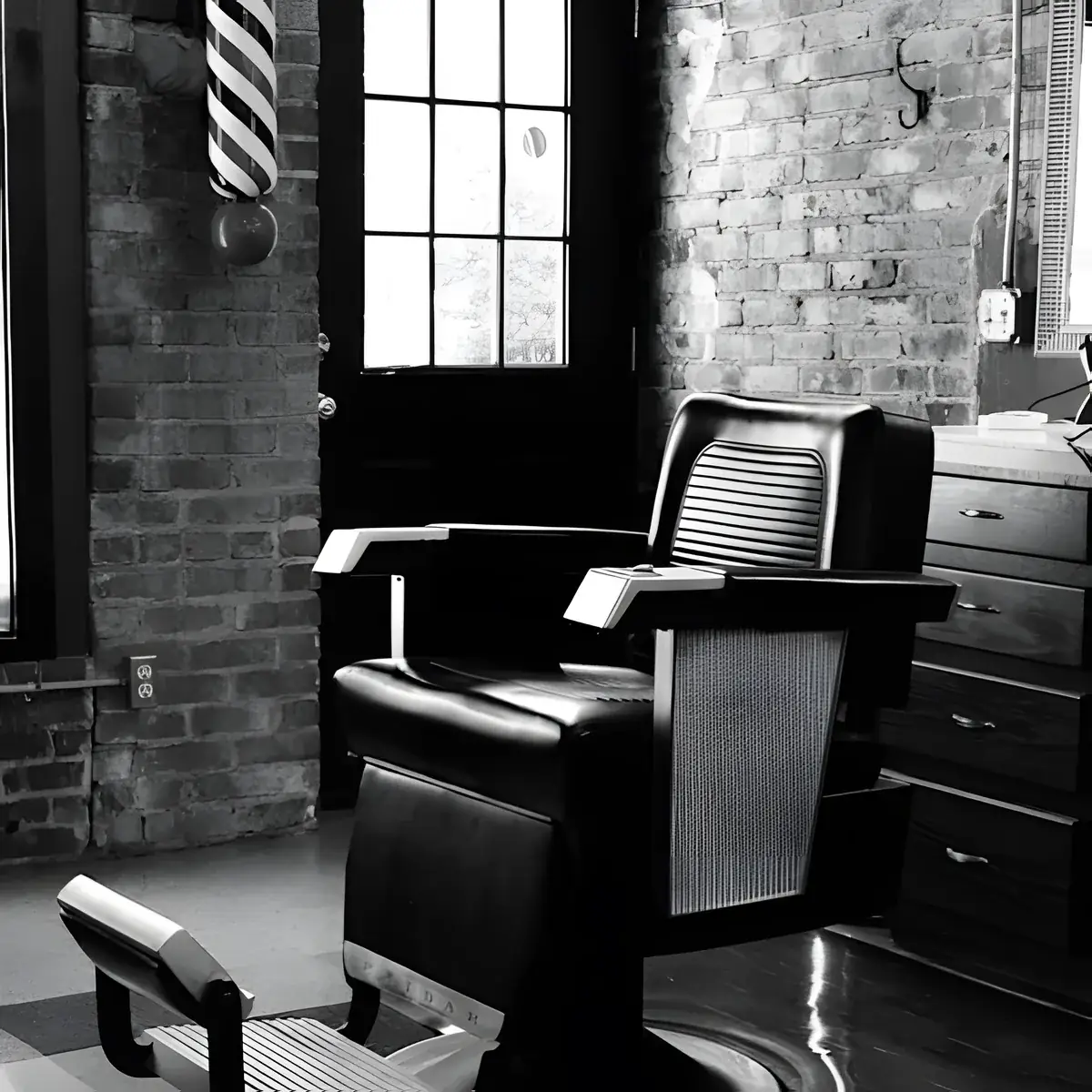Black-and-white photo of a classic barber chair beside a brick wall and a striped barber pole at Plaza Barber Shop