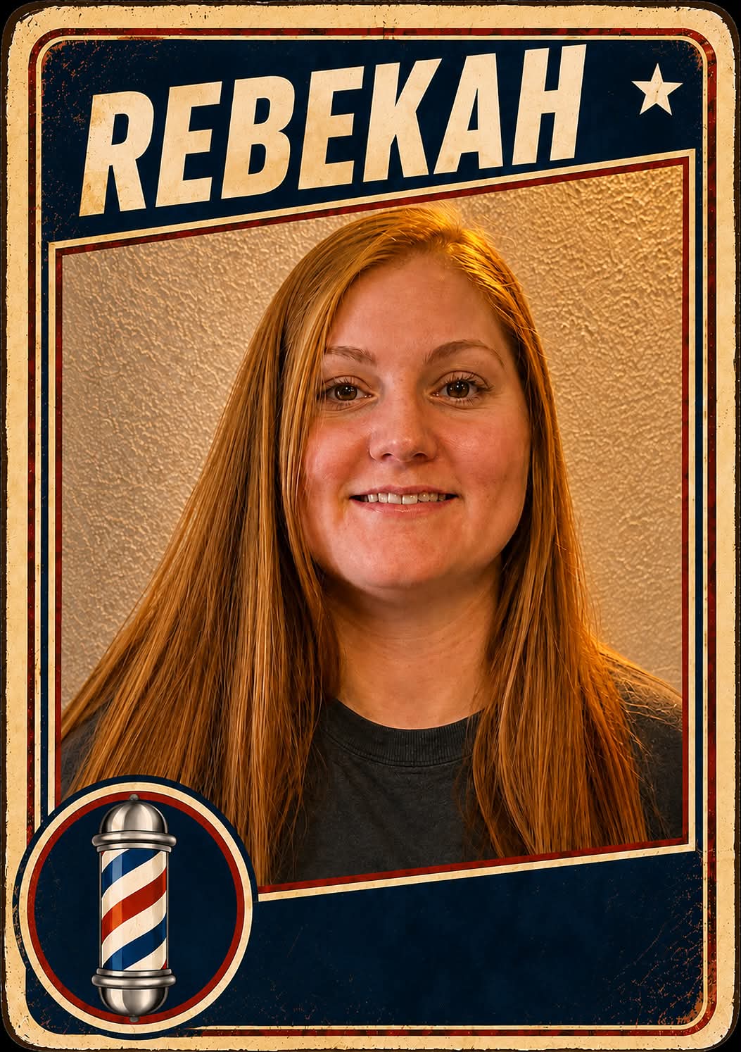 Rebekah, a barber at Plaza Barber Shop, pictured on a vintage trading card with a barber pole emblem