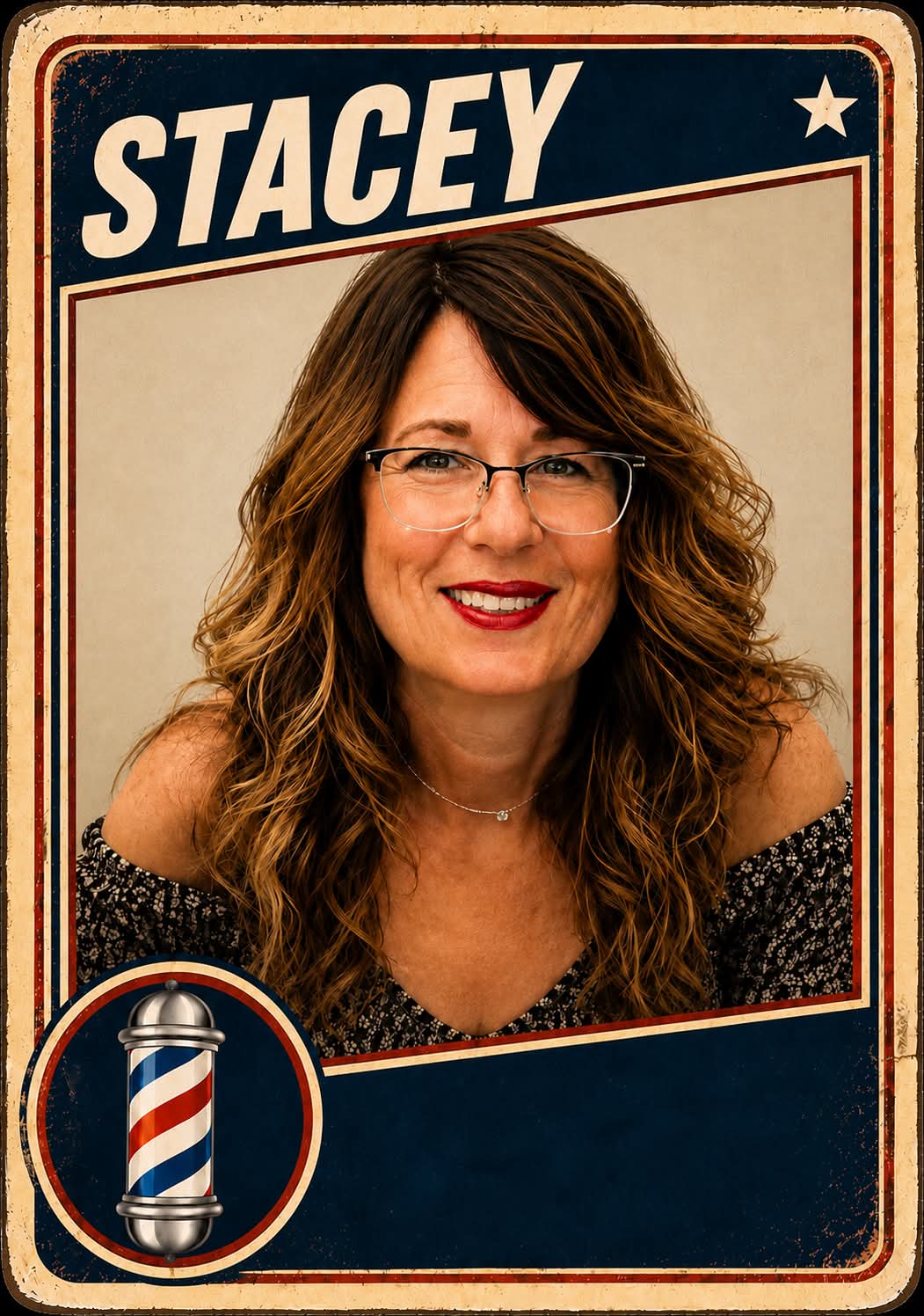 Stacey, a barber at Plaza Barber Shop, pictured on a vintage trading card with a barber pole emblem