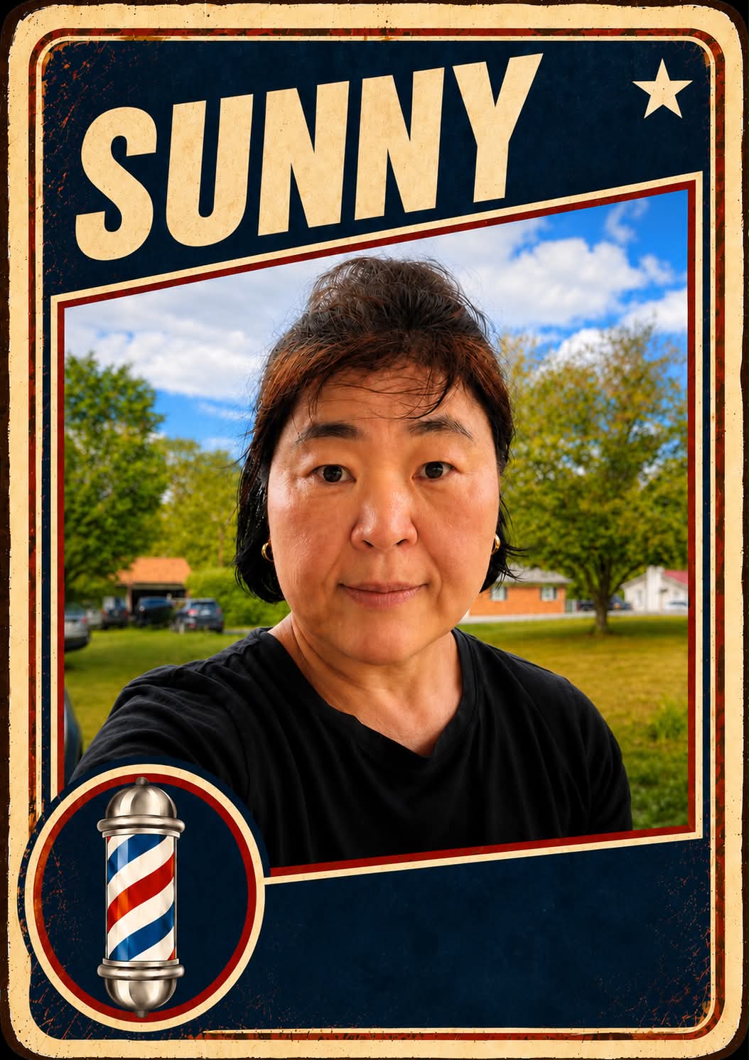 Sunny, a barber at Plaza Barber Shop, pictured on a vintage trading card with a barber pole emblem